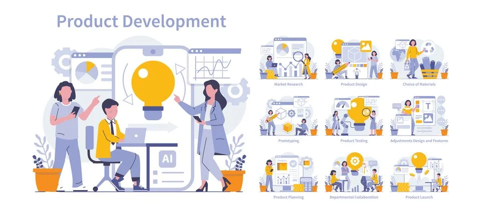 Product development concept. Flat vector illustration. Illustrazione stock
