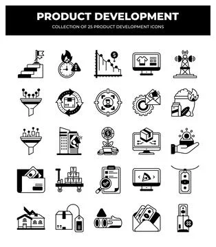 Product Development Icons. 25 Essential Business Strategy Icons Stock Illustration