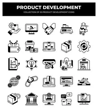 Product Development Icons. 25 Essential Business &amp; Marketing Vector Icons Stock Illustration