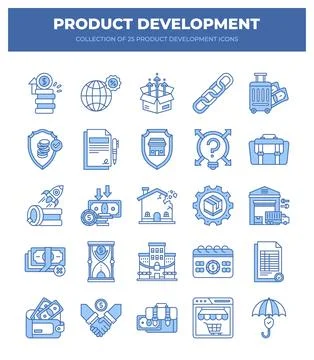 Product Development Icons. 25 Essential Icons for Business Strategy and Growt Stock Illustration