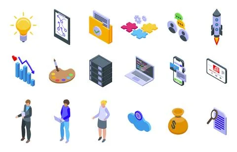 Product Development icons set isometric vector. Benefit plan Illustrazione stock