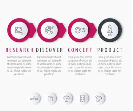Product development, infographics elements, step labels with line icons, vect Stock Illustration