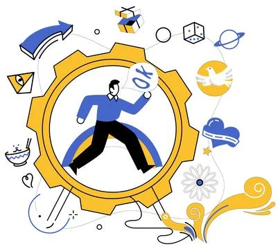Product development. Management is captain steering ship creativity toward .. Stock Illustration