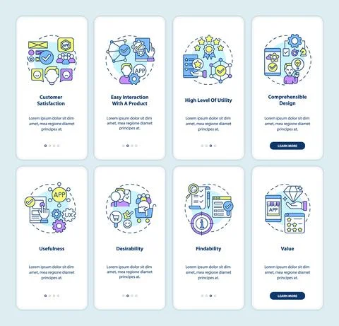 Product development onboarding mobile app page screens set Stock Illustration