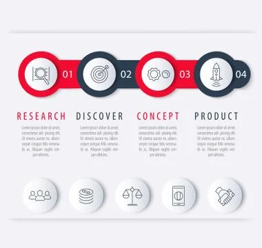 Product development timeline, infographic elements, step labels with line ico Stock Illustration