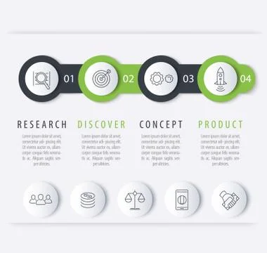 Product development timeline, infographic elements, step labels with line ico Stock Illustration