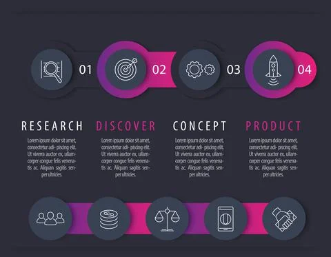 Product development timeline, infographic elements, step labels with icons fo Stock Illustration