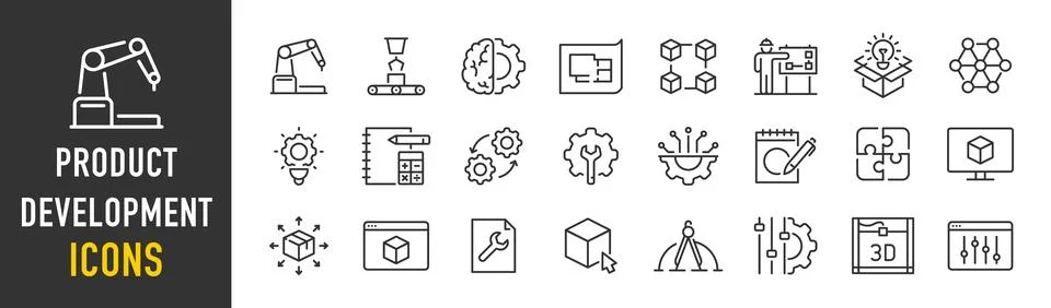 Product Development web icons in line style. Sturtup, funding, target, team.. Stock Illustration