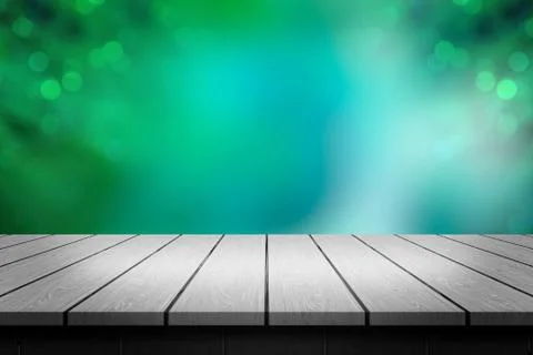 Product Display background with wooden table. Blue and Green blur effect , 3D 스톡 일러스트