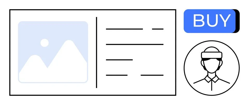 Product display with image, descriptive text, purchase button, and user avata Stock Illustration