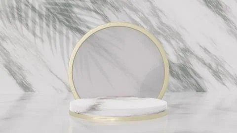 Product display podium with marble wall and leaves shadow. 3D podium Stock Illustration