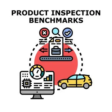 Product inspection benchmarks analyzing quality control process Stock Illustration
