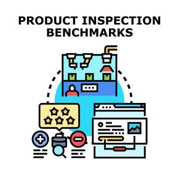 Product inspection benchmarks evaluating manufacturing quality process Stock Illustration