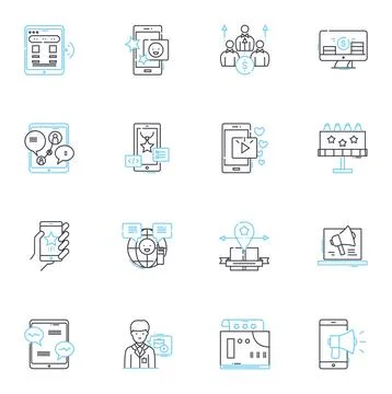 Product placement linear icons set. Integration, Advertising, Branding, Exposure Stock Illustration