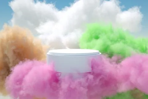 Product podium surrounded by colored clouds 3D render. 库存插图