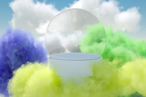 Product podium surrounded by colored clouds 3D render. 库存插图