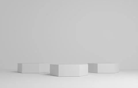 Product Podium - Three Hexagonal Podiums, White Background. 3D Illustration Stock Illustration