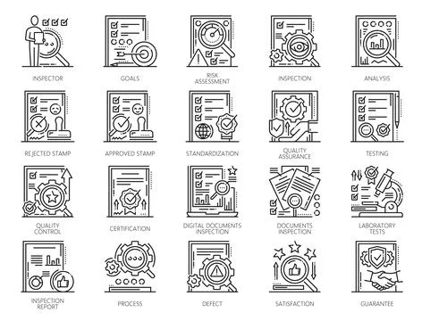 Product quality analysis check and control icons 스톡 일러스트