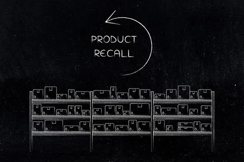 Product recall text with circular backward arrow above warehouse shelves fu.. Ilustração Stock