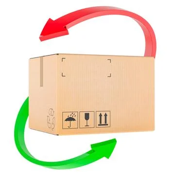 Product return concept, cardboard box with circular arrows. 3D rendering Stock Illustration
