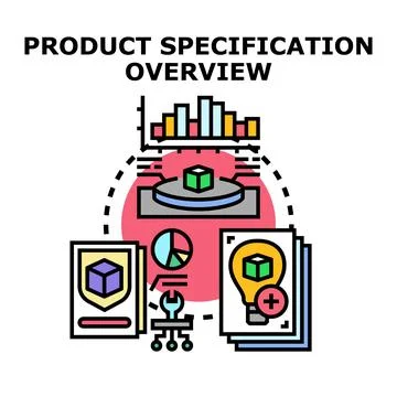 Product specification overview analyzing development and innovation data Stock Illustration