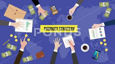 Product strategy concept discussion illustration with paperworks, paper money Stock Illustration