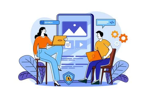 Product team programming mobile app with laptop Illustrazione stock