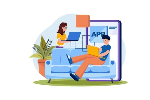 Product team programming mobile app with laptop Stock Illustration