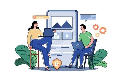 Product Team Programming Mobile App With Laptop Stock Illustration