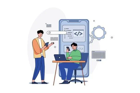 Product Team Programming Mobile App With Laptop Stock Illustration