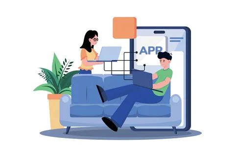 Product Team Programming Mobile App With Laptop イラスト素材