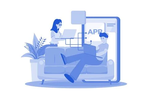 Product Team Programming Mobile App With Laptop Stock Illustration