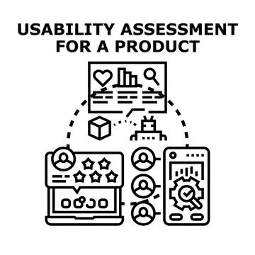 Product usability assessment researching user experience evaluation Stock Illustration