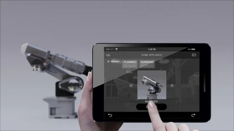 Product to using Robot arm in Smart factory . Control smart pad, tablet. IoT. 스톡 동영상 80250388