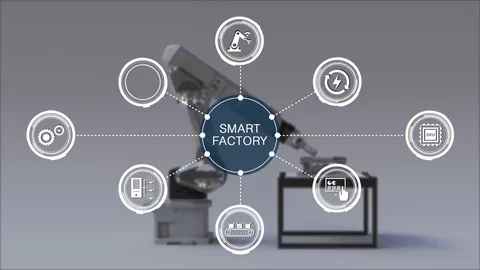 Product to using Robot arm in Smart factory information graphic icon. IoT 스톡 동영상 80250448