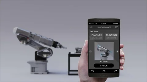 Product to using Robot arm in Smart factory . Control smart phone, mobile. IoT 스톡 동영상 80250566
