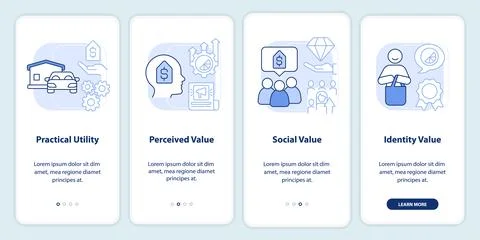 Product values light blue onboarding mobile app screen Illustrazione stock