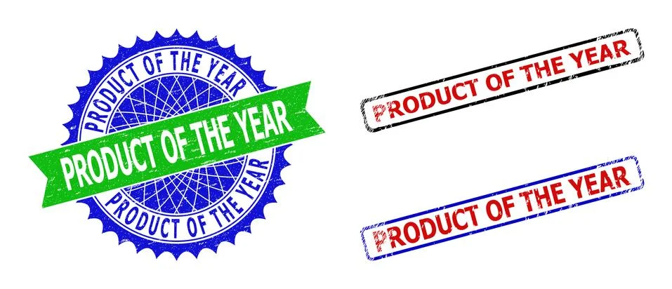 PRODUCT OF THE YEAR Rosette and Rectangle Bicolor Badges with Corroded Surfaces Stock Illustration