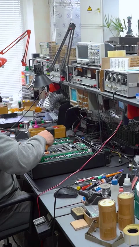 Production and assembly of audio electronics and sound equipment. Stock Footage 297601776