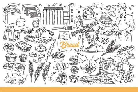Production and consumption of bread from wheat and grain, for decorating bakery Stock Illustration