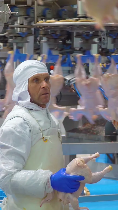 Production and processing of chicken meat. Vertical video. Stock Footage 269644424