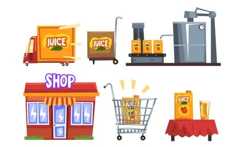 Production of Apple Juice, Industrial Processing of Fruit from Orchard to Table Stock Illustration