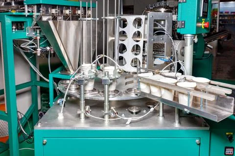 Production automatic line for bottling and packaging of yoghurts controlled b Stock Photos