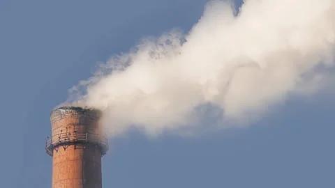 Production Brick Pipe with White Smoke. Concept Environmental Pollution Stock Footage 148420039