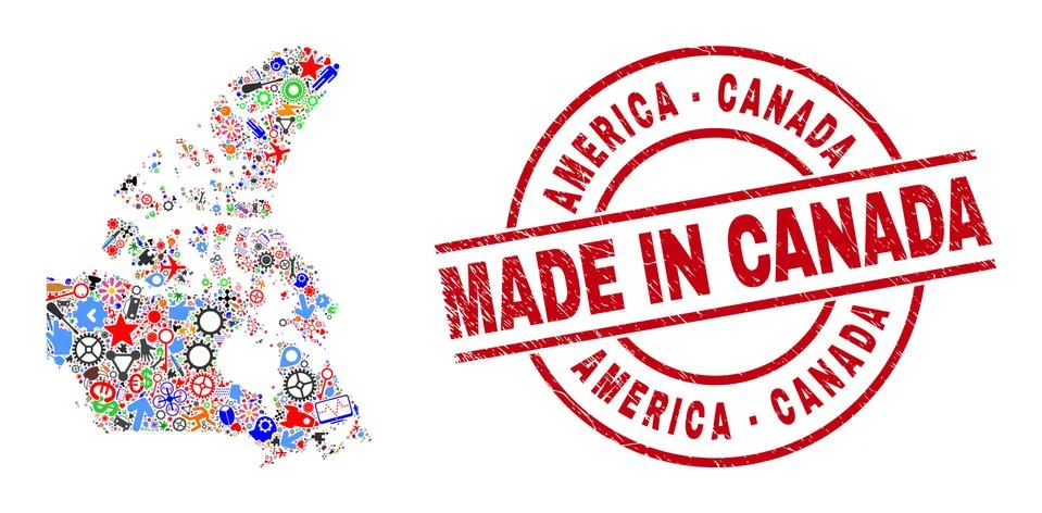 Production Collage Canada V2 Map and Made in Scratched Stamp Illustrazione stock