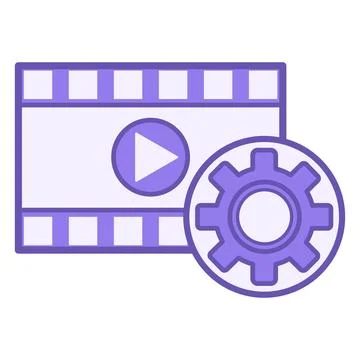 Production Color Icon. Vector Icon of Film Strip, Play Button, and Gears. C.. Stock Illustration