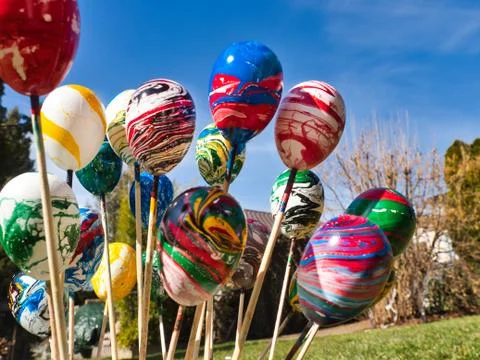 Production of colorfull easter eggs Stock Photos