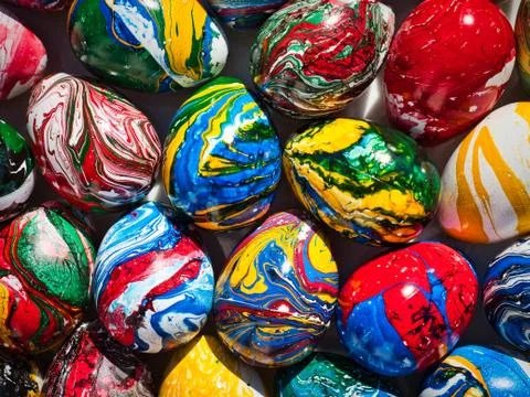 Production of colorfull easter eggs Stock Photos