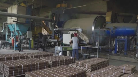The production of compressed sawdust fuel. The process of creating fuel briquett Stock Footage 250518905