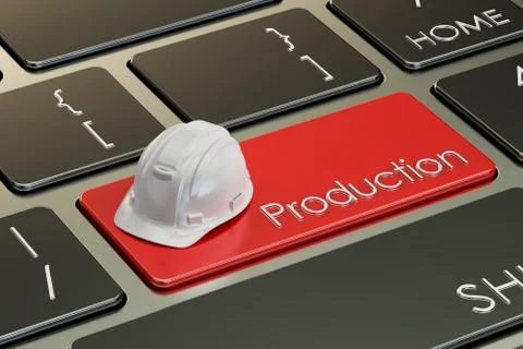 Production concept on keyboard button, 3D rendering Illustrazione stock